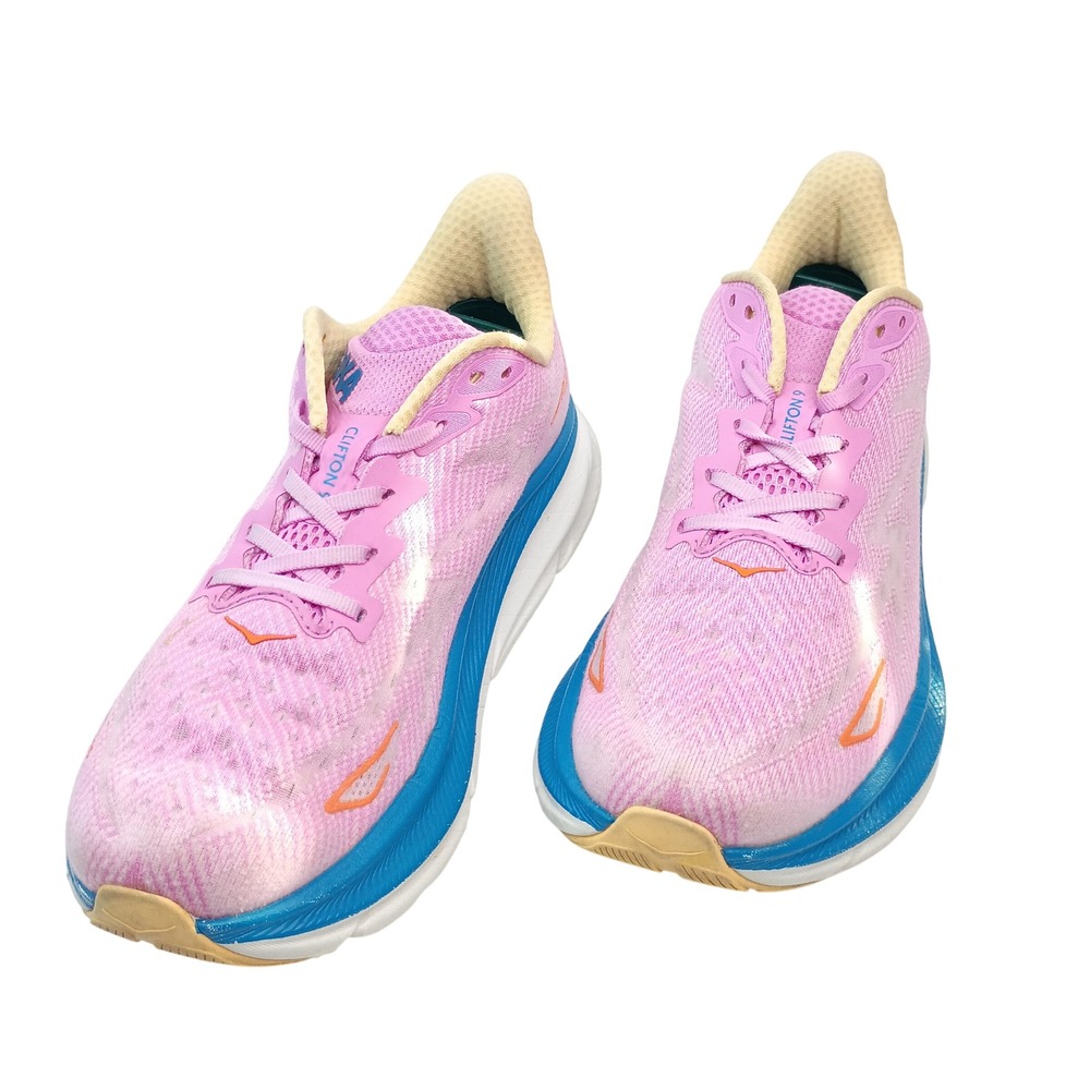 Hoka Clifton 9 Pink Blue Running Shoes 1127896 CSLC Cyclamen Sweet Corn Wmn 9.5B